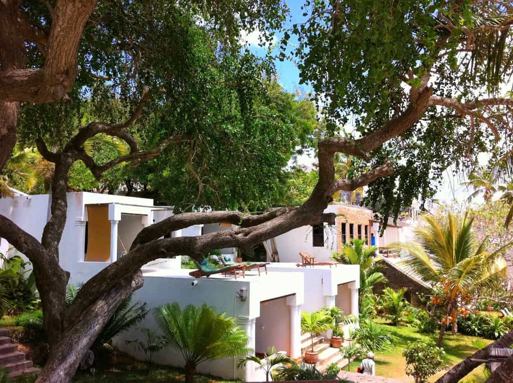 Shaded hotel buildings and garden terraces at Peponi Hotel