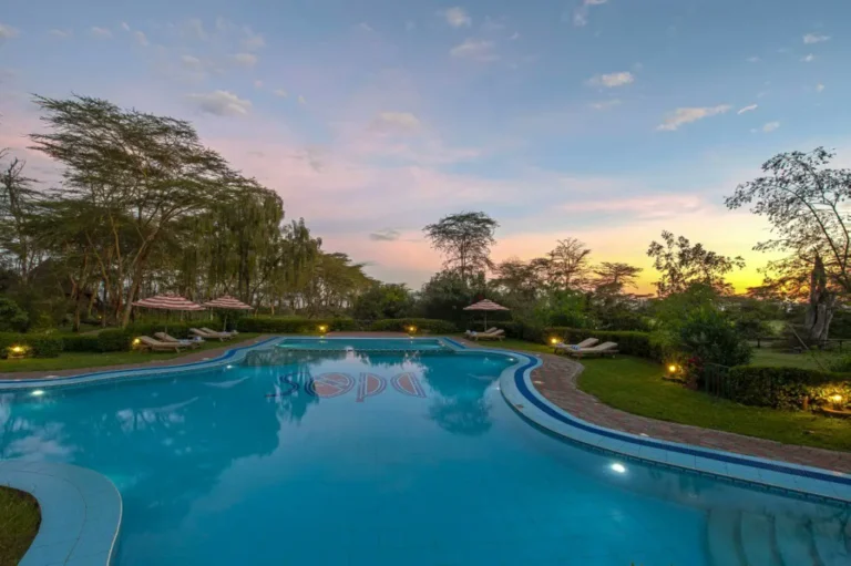 Swimming pool and gardens at sunset at Lake Naivasha Sopa Resort