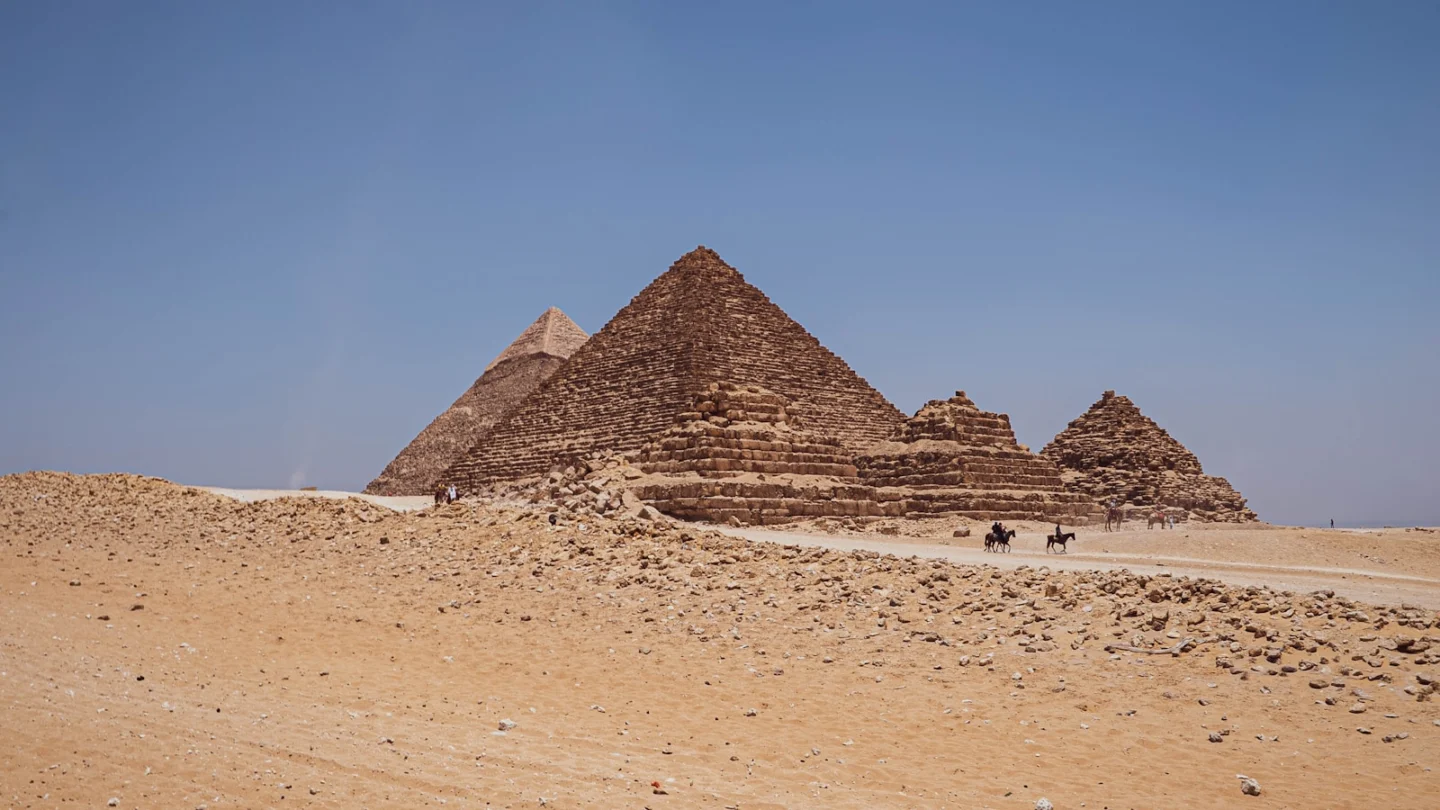 Ancient pyramids on the sandy Giza plateau in Egypt