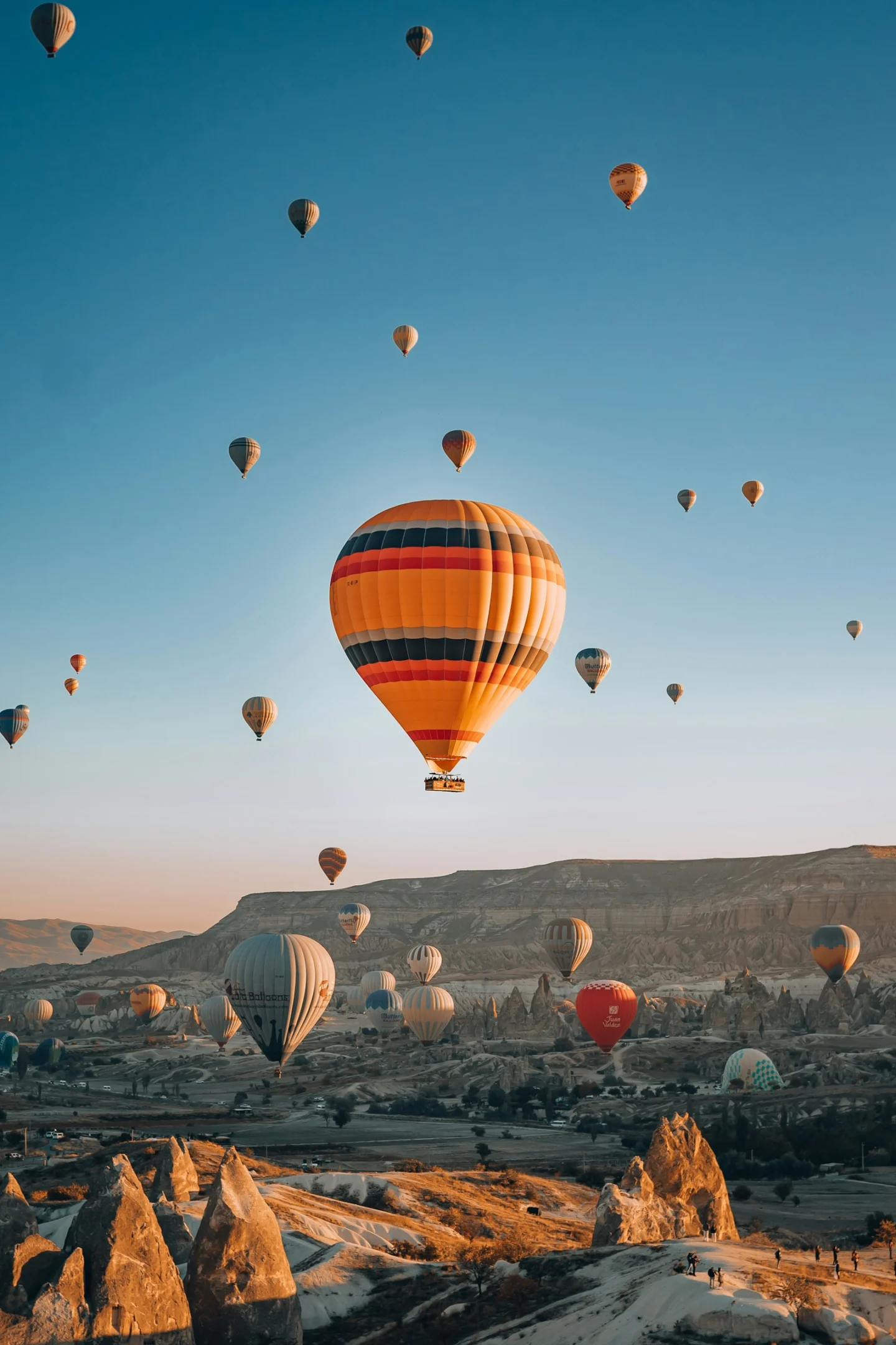 Hot air balloons above the rocky valleys of Cappadocia, Turkey