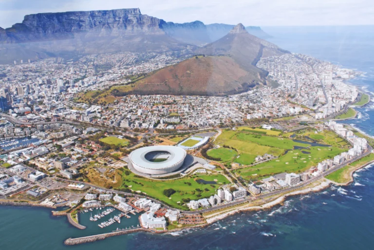 Aerial view of Cape Town with mountains and the stadium